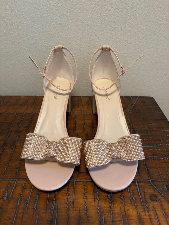 BAMBOO Shoes - BAMBOO Nude/Tan Jeweled Bow Ankle-Strap Block Heels